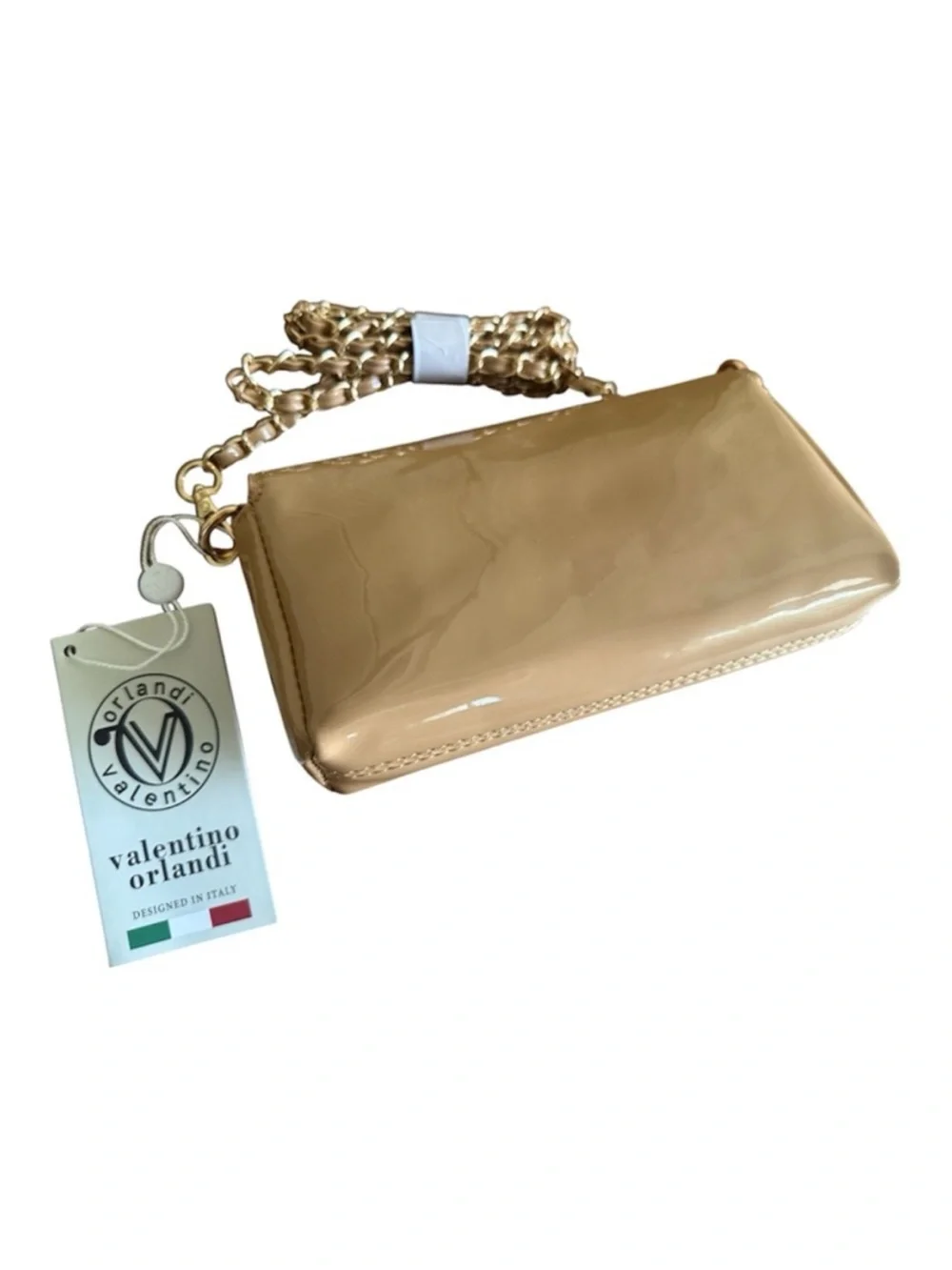 Valentino Orlandi NWT Beige Taupe Patent Leather Chain Clutch Crossbody Bag